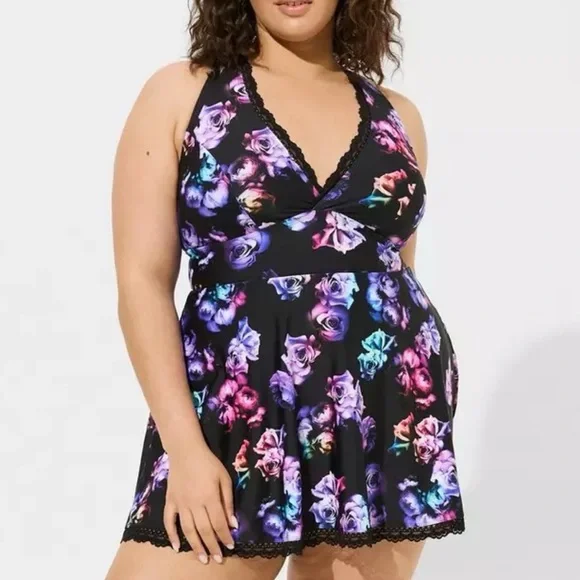 Torrid Black Rose Floral Wireless Mid Lace Trim Swim Dress Swimsuit 2X 18 20